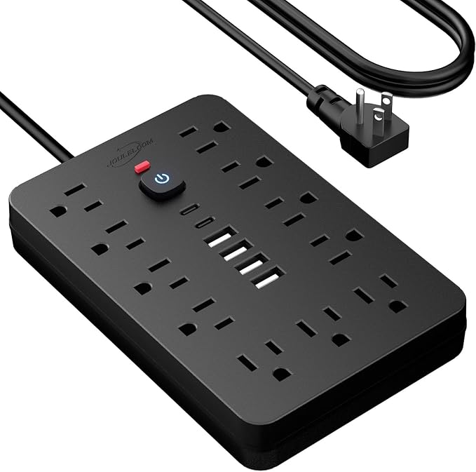 JouleLoom 15 FT Flat Plug Surge Protector Power Strip,11 Multiple AC Outlets with 6 USB Ports (2 USB C), 15 Feet Extension Cord, 1250W/10A, One Touch Switch Button, 17 in 1 Compact powerstrip