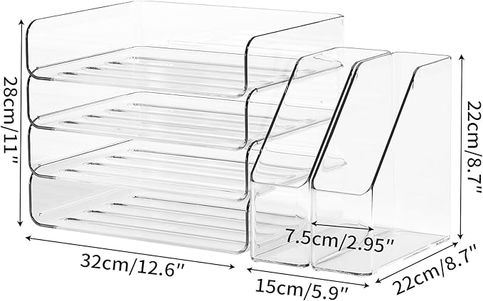 FANXIYQ 4-Tier Clear Acrylic Paper Tray Organizer for Desk with 2 Matching Bookends – Stackable Letter Tray Set, Stackable Paper Trays, Acrylic Desk Accessories/File Organizer, Office Organizer