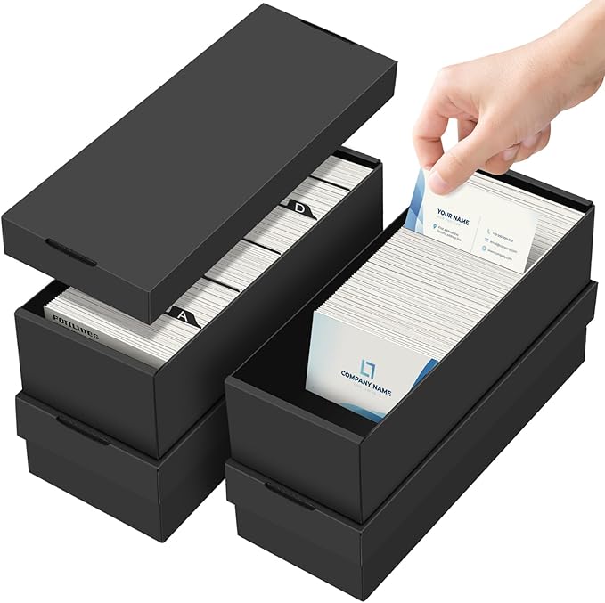 QLOUNI Business Card Storage Box 4 Pack, Business Card Holder Case with Lids, Holds 3200 Cards Total, 3-Layer Corrugated Desk Business Card Organizer, Black Card Index Photo & Office Supplies Storage
