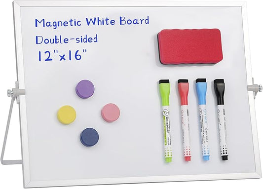 MXG 12x16 Inch Double Sided Magnetic Dry Erase Board, Portable Desk whiteboard with Stand, 360° Adjustable, Includes Whiteboard Markers, Eraser & Magnets, for Office, Home, Wall