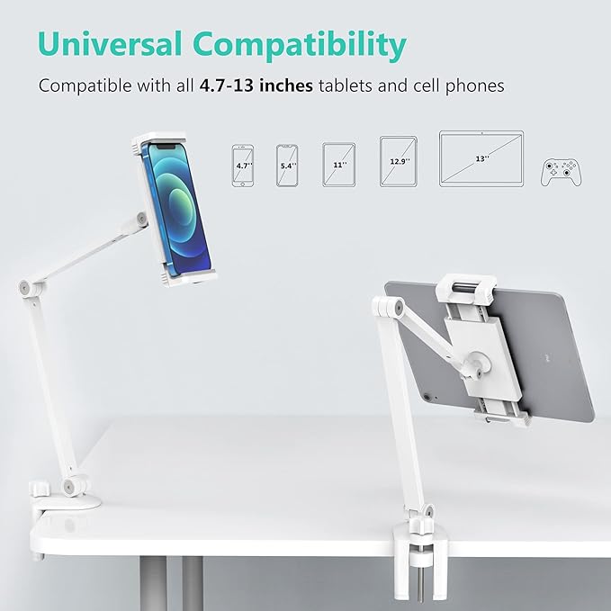 iPad Desk Mount, Adjustable Tablet Holder Clamp, 360 degree Rotation, Sturdy Aluminum Tablet Arm Mount for 4.7"-13" iPad Pro/Air/Mini, iPhone, Galaxy Tab, for Kitchen, Work, Video Call(White)