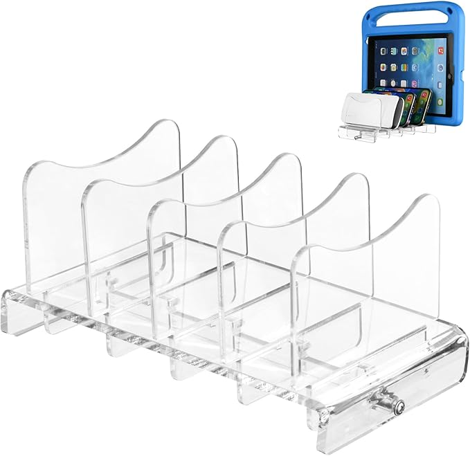 CaSZLUTION Acrylic Multi Device Organizer Stand Base for Portable Charger Power Banks, 4 Slots Desktop Storage Holder Compatible with USB Battery Pack, Phones and Tablets (Stand Only) - Clear