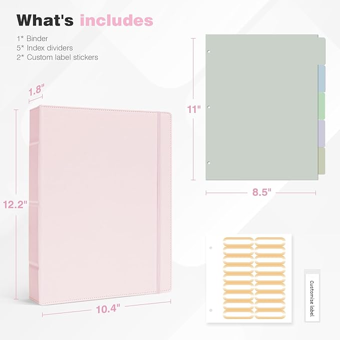Ospelelf Vintage Hardcover 3 Ring 1 inch Leather Binder, Professional Binders Organizer Suitable for Letter Size Documents, Binder Dividers with Tabs, Faux Pink Leather