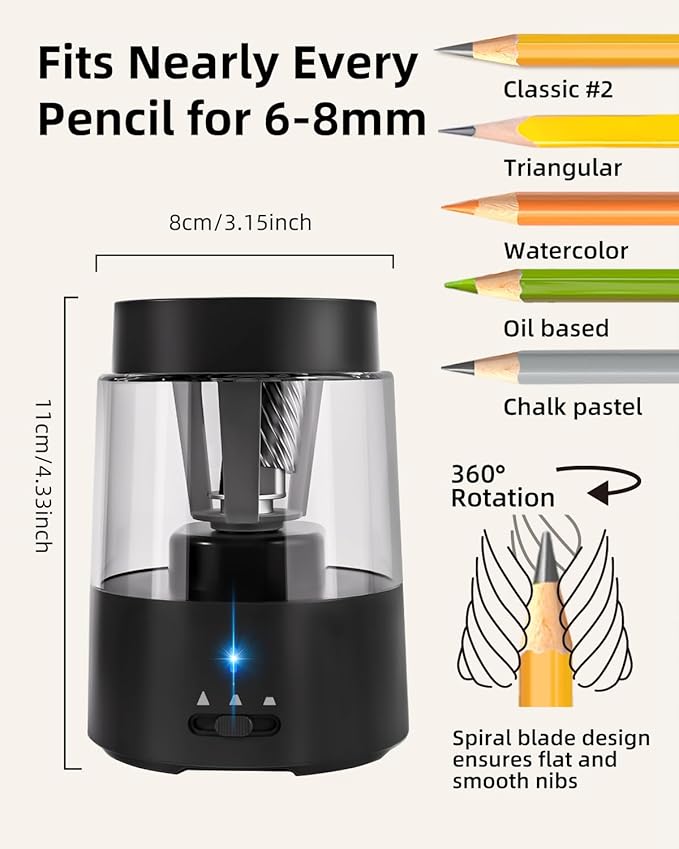 ZMOL Electric Pencil Sharpener, Automatic Pencil Sharpeners Kids, Battery Rechargeable Pencil Sharpeners for Colored Pencils, Auto Stop, Suitable for No.2(6-8mm), School/Home