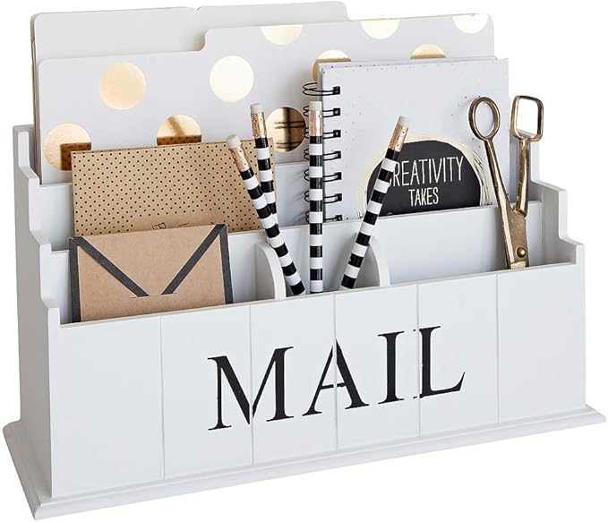 BLU MONACO | White Wooden Mail Organizer for Countertop | Standing File Organizer for Desk with 3 Tier Storage | Mail Sorter Organizer Countertop Rustic Office Kitchen