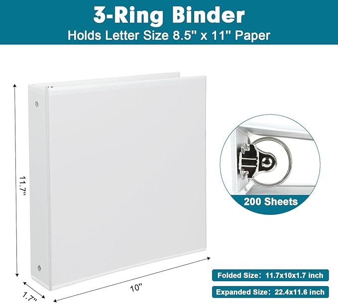 3 Ring Binder, LAYZZ 12 Pack 1 Inch Binders 3 Ring with 2 Pockets, Round Ring Binders, Clear Cover Binders for Letter Size 8.5"x11" Paper, PVC Free, Suitable for School Home and Office (White)