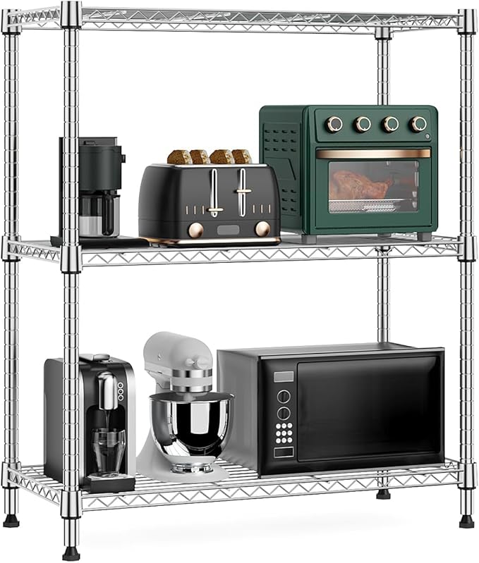 M MZG 750 lbs 3 Tier Storage Rack Metal Wire Shelving Unit, Storage Standing Shelf Organizer for Laundry Bathroom Kitchen Pantry Closet Garage Basement Utility Room, Chrome 13.8" D x 29.5" W x 35.5" H