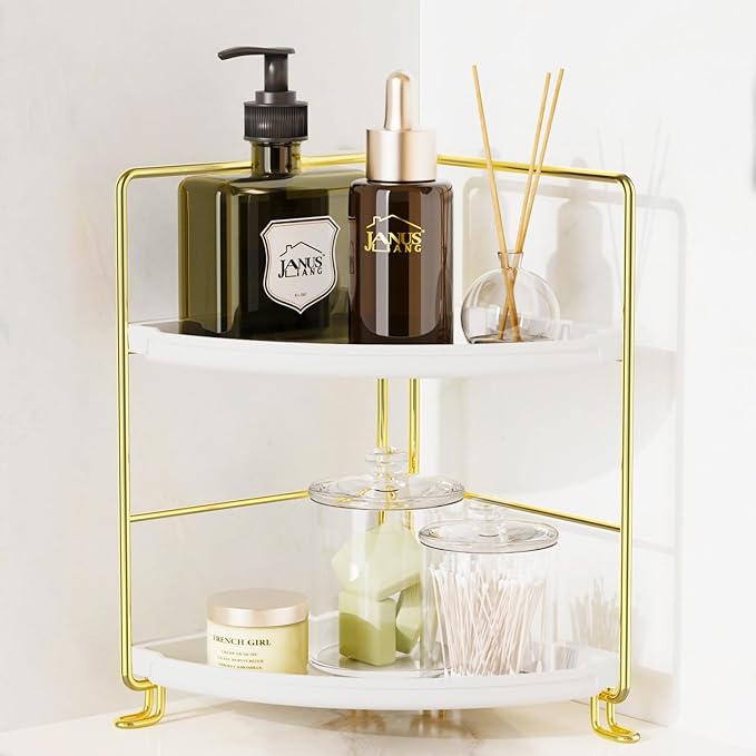 JANUS LiANG 2-Tier Corner Bathroom Countertop Organizer, Tiny Counter Corner Shelf Skincare Makeup Perfume Organizer and Organization for Kitchen (Luxury Gold)