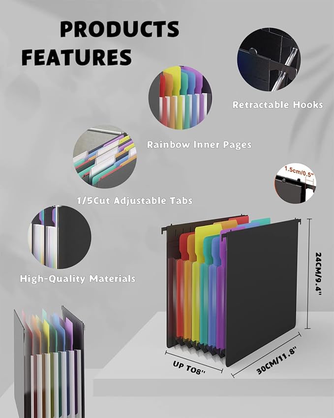 MAIMIS Plastic Expanding Hanging File Folders, 7 Pocket Extra Capacity Accordion Hang Folder, 1/5 Cut Adjustable Tabs, Multi-Color Lables, Letter Size for Filing Cabinet - 6 Pack