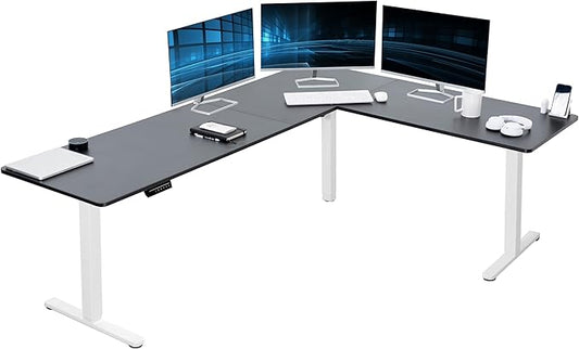 VIVO Electric Corner 84 x 63 inch L-Shaped Standing Desk, Memory Height Adjustment, Black Top White Frame, DESK-E3CTWB-84