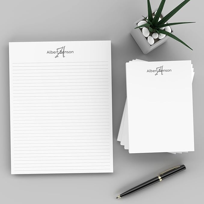 PrintPPS Personalized Monogram Notepads with your Name and Initial - 4 Pack Gift Set of 5 x 7 @ 50 Sheets Per Pad - Optional Ruled Lines - Custom Stationery For To Do Checklists, and Gifts