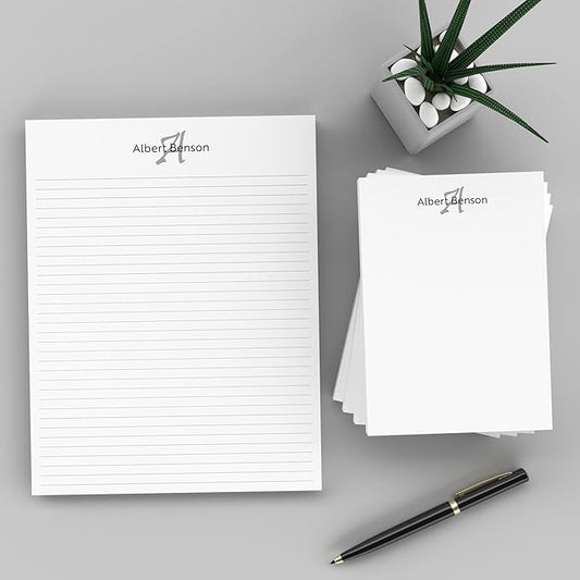 PrintPPS Personalized Monogram Notepads with your Name and Initial - 4 Pack Gift Set of 5 x 7 @ 50 Sheets Per Pad - Optional Ruled Lines - Custom Stationery For To Do Checklists, and Gifts