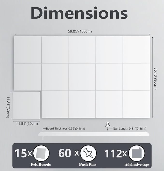 G Gamit Large Felt Wall Tiles Bulletin Board 59”x36”,Large Cork Board Alternative with 60 Pushpins,15 Pack Felt Pin Board with 112 Safe Removable Adhesive Tabs for Home Office School (White)