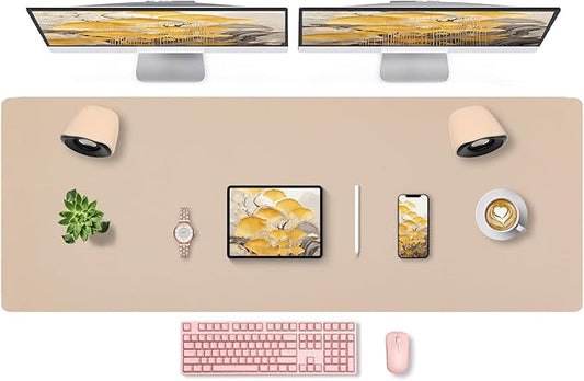Bloss Extra Large Leather Desk Ma, 47.2" x 16.9" Non-Slip Dressing Table Cover Protector, Waterproof Student Study Desk Mat, Home Office Decor - Beige