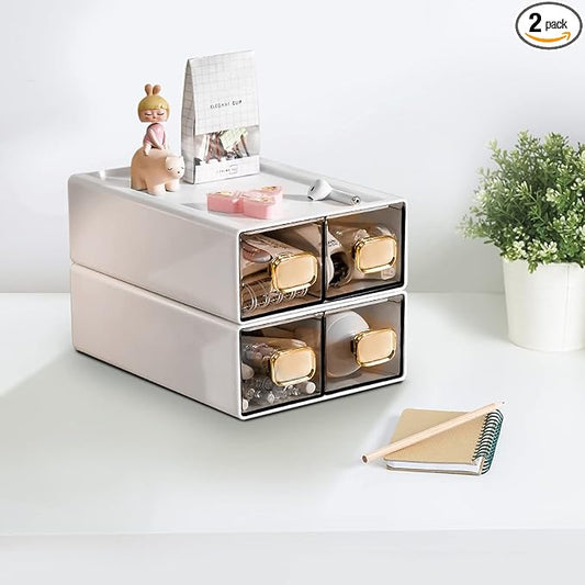 DETEIN 2 PACK Desk Organizer with Drawer Stackable Storage Drawer Small Desktop Drawer Plastic Clear Desk Organization Storage Box for Accessories, Markers, Clips, Cables (White,M-2 Drawer,Pack of 2)