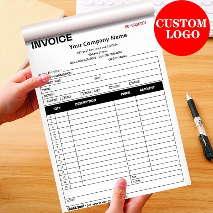 Custom Carbonless Sales Invoice Form Books for Small Business, Personalized NCR 2-Part Receipt Book with Carbon Copies, Cover Add Company Name, Address and Number Printed
