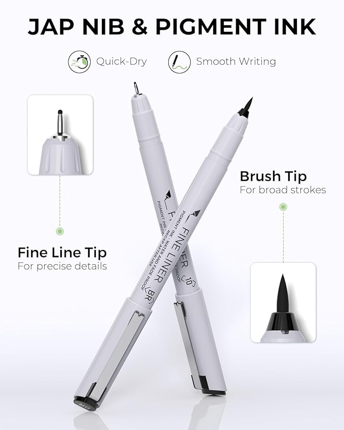JusArt Fineliner Pens, 8 Size, Ultra Fine, Fine & Brush, Waterproof Black Pigment Ink Drawing Pens for Illustration, Sketching, Writing, Journaling, Bible Notes, Technical Drawing pens