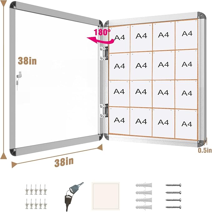Mifuro 38"x38" Enclosed Bulletin Board, Lockable Weather-Resistant Aluminum Cork Noticeboard for School & Office, Silver Frame w/Cork