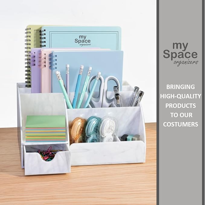 My Space Organizers Marble Desk Organizer For Office Supplies And Accessories - 9 Sections - Pencil Pen Holder Storage - Desktop Organization Decor Essentials (White Grey Marble)