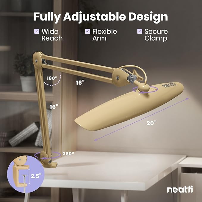 Neatfi XL 2,200 Lumens LED Desk Lamp with Clamp, 24 Watt Bright Architect Task Lamp, 20 Inches Dimmable Computer Light, Adjustable Desk Light for Home, Office, Crafts, Nails & Hobbies (Non-CCT, Gold)