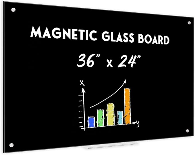 Black Dry Erase Board, 36" x 24" Magnetic Glass Whiteboard for Wall, Black Glass White Board with 1 Marker Tray and 3 Magnets for Office, Home, Classroom