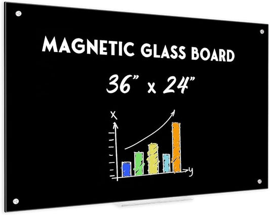 Black Dry Erase Board, 36" x 24" Magnetic Glass Whiteboard for Wall, Black Glass White Board with 1 Marker Tray and 3 Magnets for Office, Home, Classroom