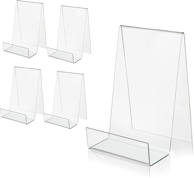 ZOEY Acrylic Book Easel Stand with Ledge Clear Easels Plate - 5 Pack for Books Display, Music Sheets, Artworks, CD, Tablet Holder (Small)