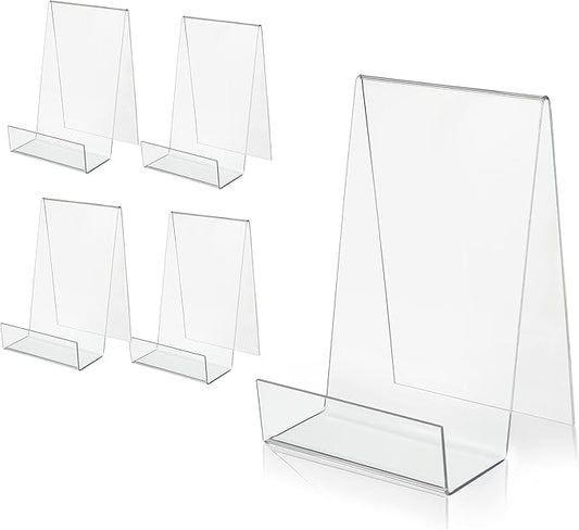 ZOEY Acrylic Book Easel Stand with Ledge Clear Easels Plate - 5 Pack for Books Display, Music Sheets, Artworks, CD, Tablet Holder (Small)