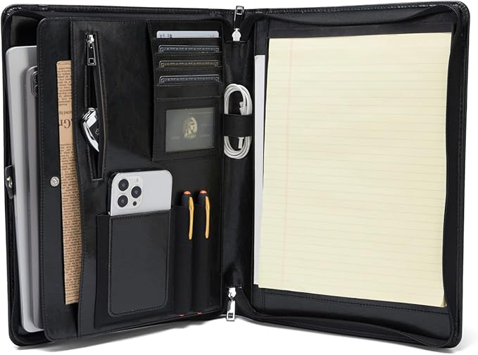Geslun Vegan Leather Portfolio, Legal Size 8.5 x 14 Pad Holder, Business Padfolio for Men and Women, Zippered 14" Laptop Organizer, Executive Professional Work Travel Notepad Folio, Black
