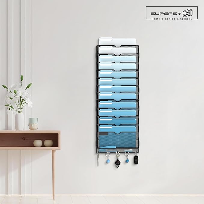 SUPEASY 13-Tier Wall File Holder Organizer with Hooks, Mesh Hanging File Organizer, Mail Organizer Wall Mounted for Papers, Folders, Office Magazine Rack, Assembly Needed, Black 2 pack