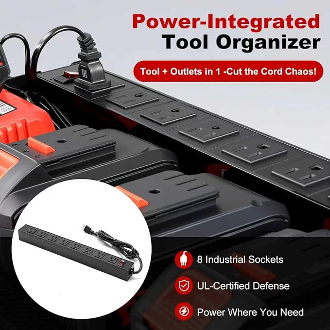 Large Power Tool Organizer Wall Mount with Charging Station, Heavy Duty Cordless Drill Holder, Garage Tool Storage Battery Rack with 8 Outlet, Gift for Men Husband Dad Birthday Anniversary Red