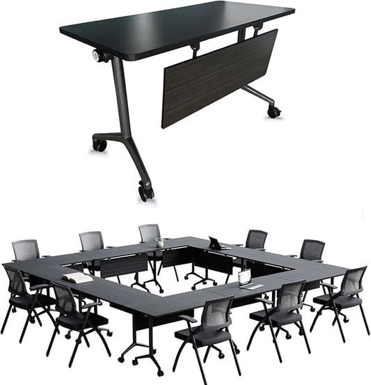 Goakwwuz Conference Room Table, Folding Conference Tables,Thicken Grey Tabletop,Flip Top Wooden Seminar Meeting Room Table for Conference Room Offices (8, BlackWoodGrain, 55.1”)
