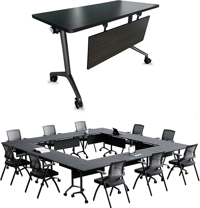 Goakwwuz Conference Room Table, Folding Conference Tables,Thicken Grey Tabletop,Flip Top Wooden Seminar Meeting Room Table for Conference Room Offices (6, BlackWoodGrain, 47.2“)