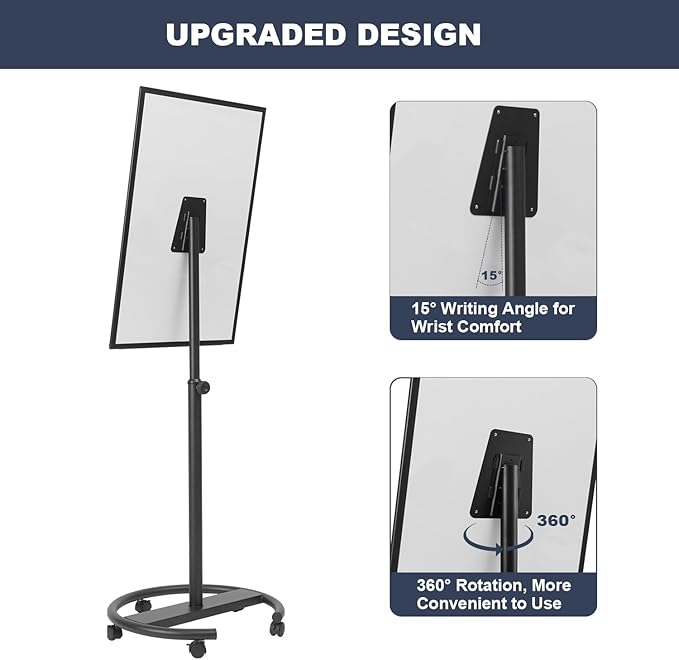 Mobile Whiteboard, 36” x 24” Magnetic Portable White Board on Wheels, Height Adjustable Standing Dry Erase Board with Stand, Easel Style Rolling Whiteboard for Classroom, Office, Teacher, Home
