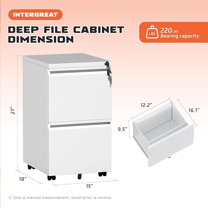 INTERGREAT Mobile File Cabinet with Lock,Under Desk Metal Filing Cabinet for Home Office, White 2 Drawer File Cabinets with Wheels for Legal/Letter/A4 File