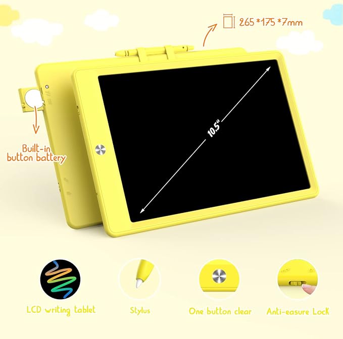 BUKEBU LCD Writing Tablet Doodle Board, Colorful Drawing Pad, Electronic Drawing Tablet, Drawing Pads,Travel Gifts for Kids Ages 3 4 5 6 7 8 Year Old Girls Boys (10.5 inch, Orange+Yellow)