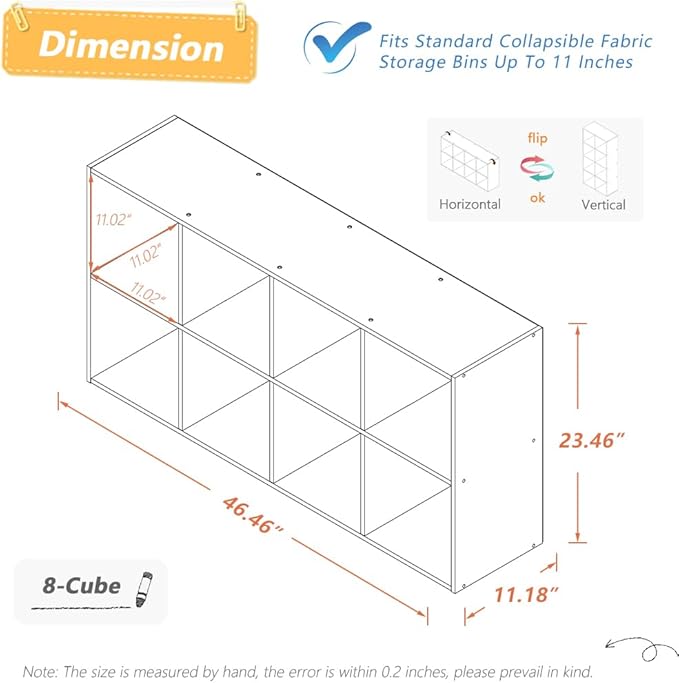 NELYE 8 Cube Organizer Bookcase - Fabric Storage Bins Container, Open Shelf Simple Compartments Bookshelf, White