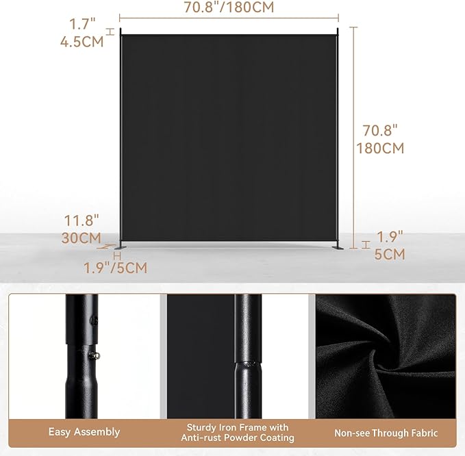 C-Hopetree 1 Panel Room Divider, 6 Ft Tall Indoor Folding Privacy Screen, Portable Partition Separator, Freestanding Separation Temporary Wall for Office, Bedroom, 71" W X 71" H, Black