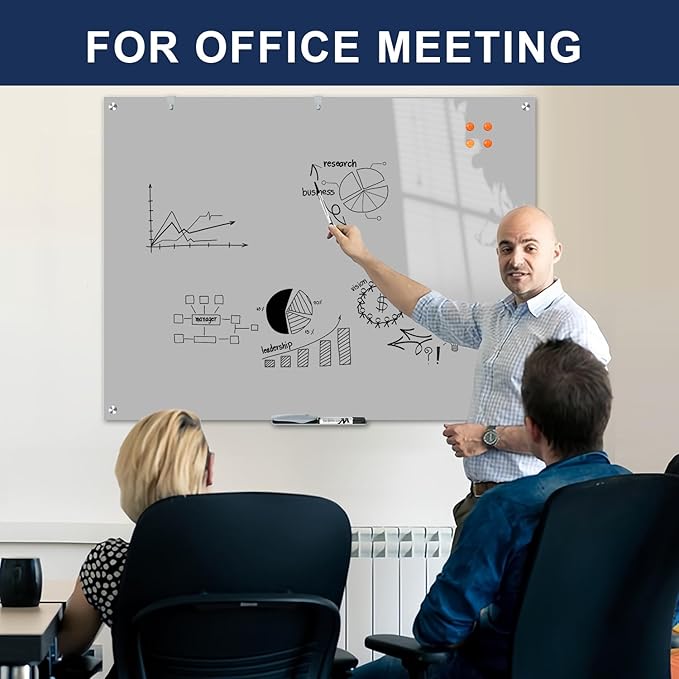 TSJ OFFICE Glass Dry-Erase Board - 48 x 32 Inches Wall Mounted Glass Whiteboard, Large Frameless Magnetic White Board for Office, Home & School, Gray