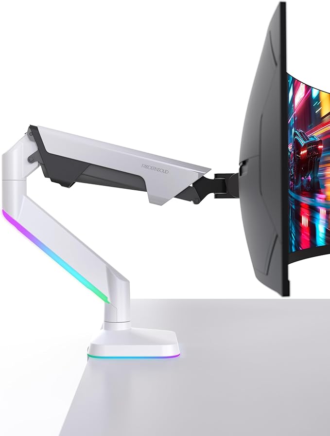 Modernsolid Heavy Duty Ultrawide Monitor Arm with RGB Lighting & USB Charging, Fits 34 to 49 inch Curved Screens, Supports 14 to 38 lbs, Adjustable Desk Mount, Compatible with Gaming Setup, White