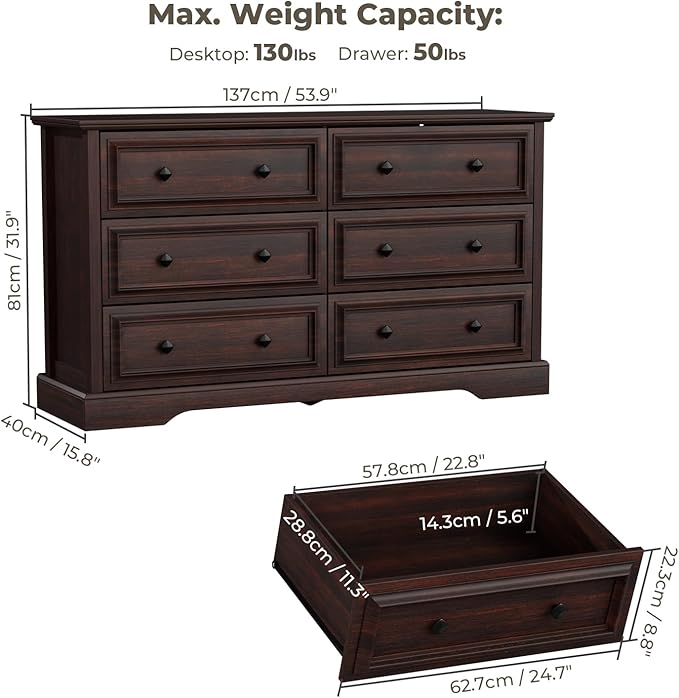 VVFLU Farmhouse 6 Drawer Dresser for Bedroom, 54" Wide Wood Dresser with Natural Texture, Rustic Chest of Drawers for Bedroom with Vintage Metal Hands, for Living Room, Hallway, Cherry