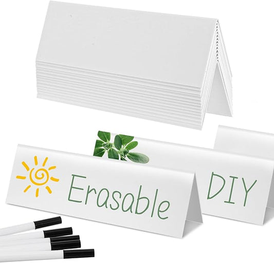 15Pcs Reusable Name Tent Cards with Black Markers Dry Erase Name Plate Wipe Clean Desk Tags Sign for Table Office Conference Meeting Weddings,White, 8.66 x 2.75 x 1.9 Inches
