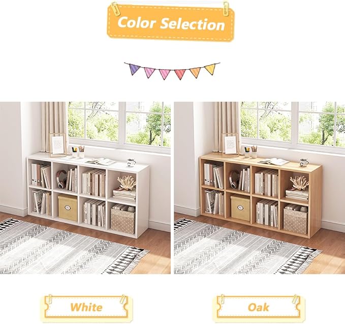 NELYE 8 Cube Organizer Bookcase - Fabric Storage Bins Container, Open Shelf Simple Compartments Bookshelf, White