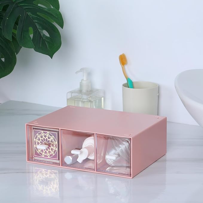 OSteed Desktop Drawers, Desk Organizer with 3 Drawers, Stackable Plastic Storage Box for Home Collection, Cosmetics, Jewelry, Office Supplies (1 Tall Layer, Pink)