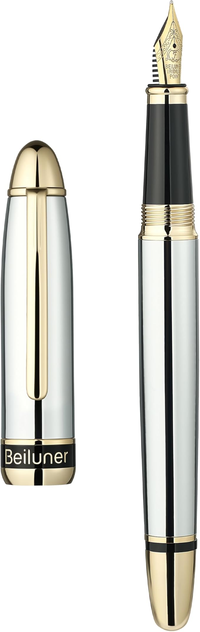BEILUNER 315 Silver Chrome Fountain Pen,Stunning Luxury Pens with 24K Gold Accents, Gorgeous 24K Gilded Nib(Medium), Ink Converter,Fancy Pen Gift for Men&Women-Elegant, Office, Reliable, Nice Design