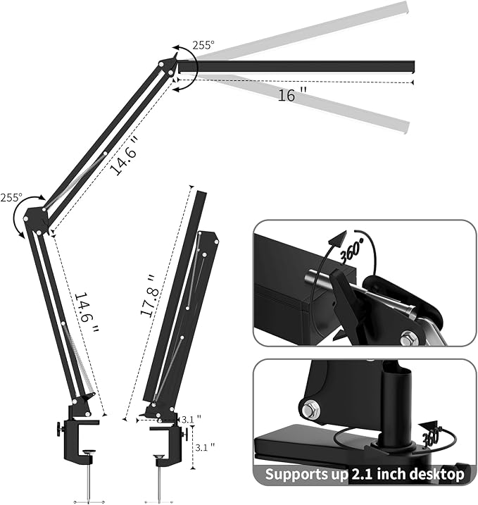 BZBRLZ LED Desk Lamp, Manicure Table Lamp, Eye-Caring Drafting Light, Dimmable Office Table Lamp with 3 Color Modes, 10 Brightness Levels & Adapter, Memory Function(Black)