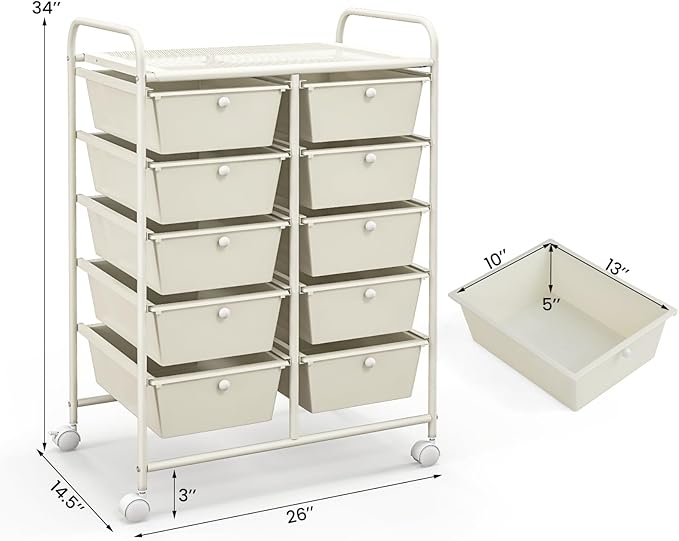 GLACER 10 Drawer Rolling Cart, Storage Cart with Lockable Whieels & Metal Frame, Trolley for Art Craft Oganizer, Mobile Utility Cart for Office, School, Classroom, Kitchen (Ivory Color)