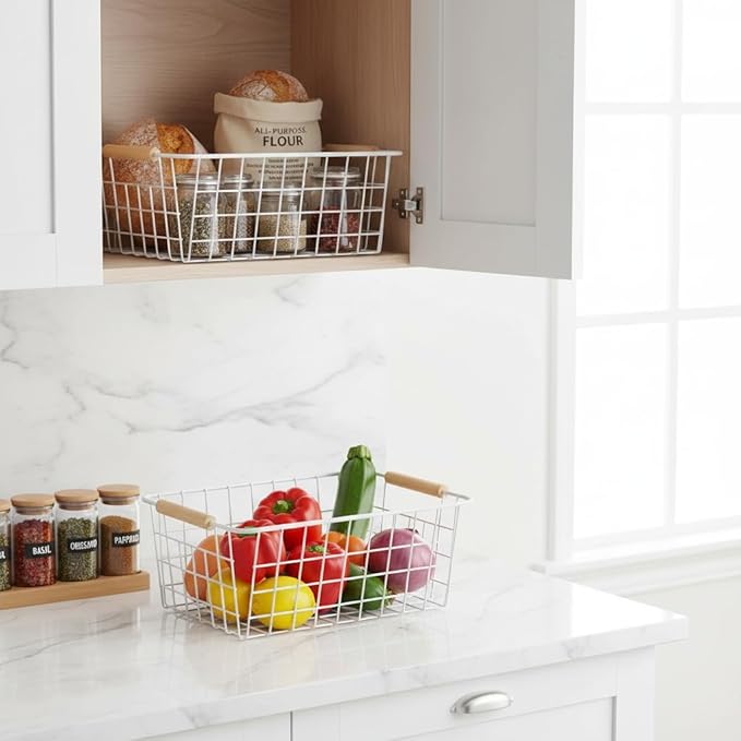 HDYOUDO Metal White Wire Basket,Food Storage Organizer with Wooden Handles, pantry organizers and storage for Organizing Kitchen Cabinets potato onion, 2 Packs
