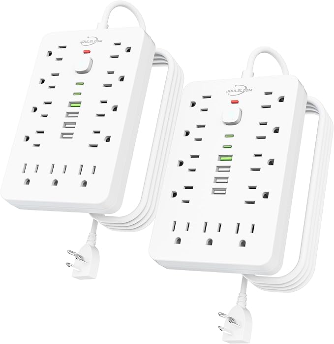 JouleLoom 2 Pack 6 FT Flat Plug Surge Protector Power Strip,11 Multiple AC Outlets with 6 USB Ports (2 USB C), 6 Feet Extension Cord, 1250W/10A, One Touch Switch Button, 17 in 1 Compact powerstrip