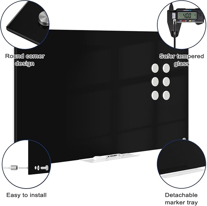 Black Dry Erase Board, 4' x 3' Magnetic Glass Whiteboard for Wall,48" x 36" Large Black Glass Magnetic Board with 1 Marker Tray and 3 Magnets for Office, Home, Classroom